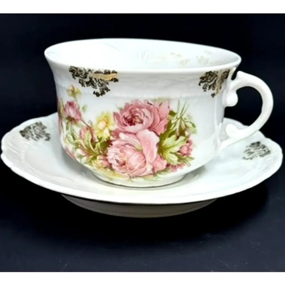 Tea Cup & Saucer Set,No Markings,Pink Peonies, Gold Clusters,No Chips Or Crazing